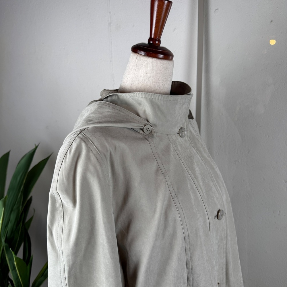 Vintage Beige Hooded Trench Coat Longline Belted Oversized Raincoat Womens 14P - Picture 4 of 12